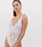 Asos Design Tall Recycled Tie Shoulder Belted Swimsuit In Pretty Pastel Floral Print - Multi