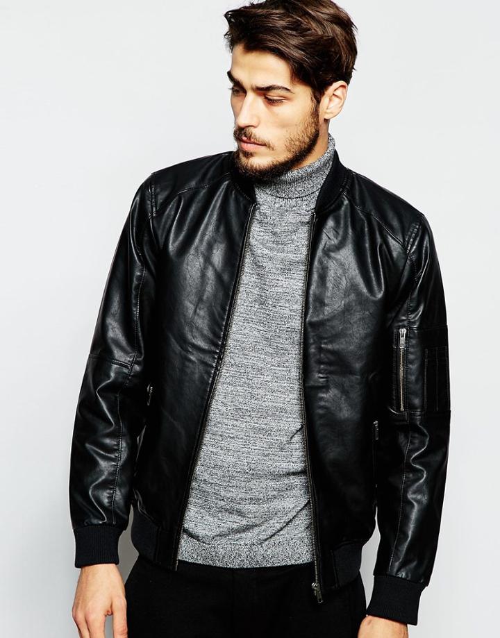 Produkt Faux Leather Bomber Jacket - Black