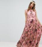 Asos Design Maternity Pleated Short Sleeve Maxi Dress In Pink Floral Print-multi