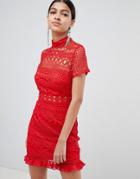 Love Triangle Crochet Lace High Neck Mini Dress - Red