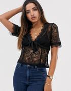 Fashion Union Plunge Front Blouse With Tie Front In Delicate Lace - Black