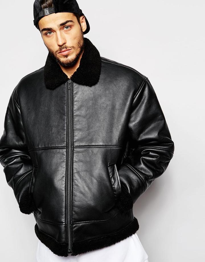 Weekday Shearling Leather Jacket Oversized - Black