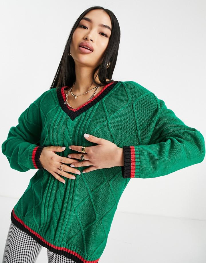 Monki Organic Cotton Cable Knit Sweater With Tipping In Green
