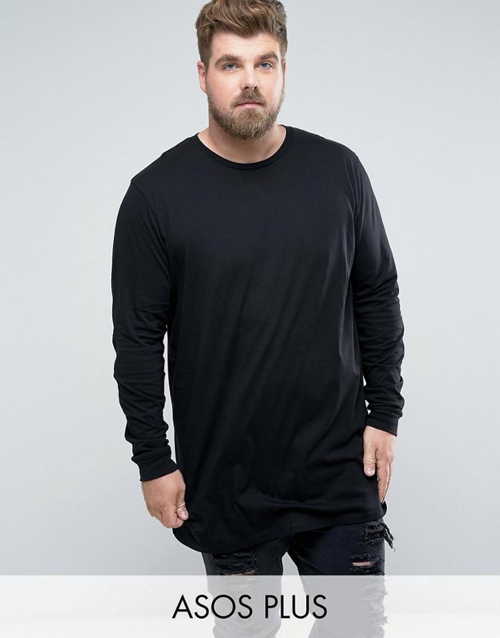 Asos Plus Super Longline Long Sleeve T-shirt With Crew Neck In Black - Black