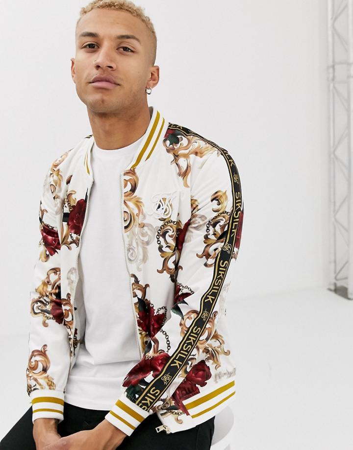 Siksilk X Dani Alves Velour Floral Bomber Jacket In White - White