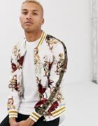 Siksilk X Dani Alves Velour Floral Bomber Jacket In White - White