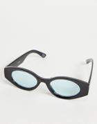 Asos Design Mid Oval Sunglasses In Black With Light Blue Lens