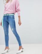 River Island Molly Skinny Jeans With Contrast Panel In Mid Wash-blue