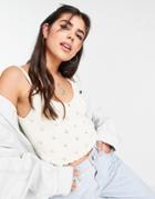 Pieces Cotton Patterned Knit Cami Crop Top In Cream-white