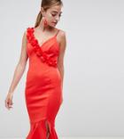 Asos Design Petite Corsage Strap Pephem Midi Dress-red