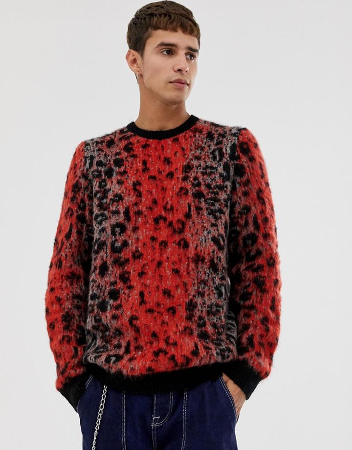 Asos Design Oversized Textured Knit Sweater With Leopard Design - Brown
