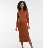 Asos Design Maternity Fine Knit Midi Dress In Rib In Recycled Blend - Brown