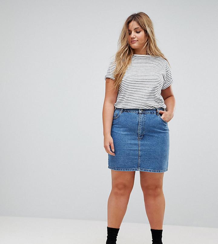 Asos Curve Denim Original High Waisted Skirt In Midwash Blue - Blue