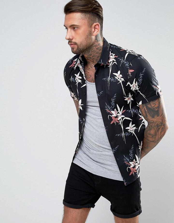 Asos Design Two-piece Skinny Lily Print Shirt In Black