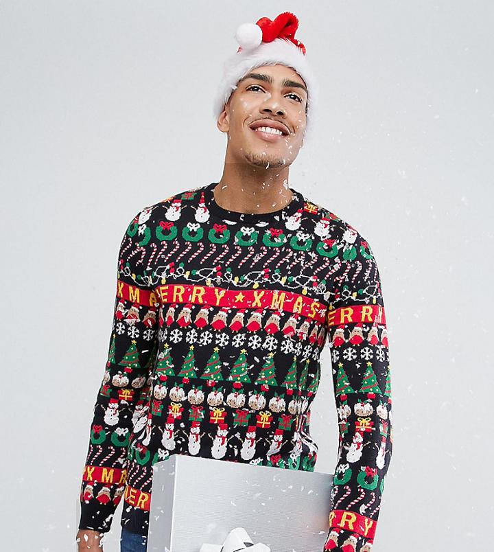 Asos Tall Holidays Sweater With All Over Design In Navy - Multi