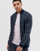 Asos Design Two-piece Poly Tricot Bomber Jacket In Navy Pinstripe - Navy