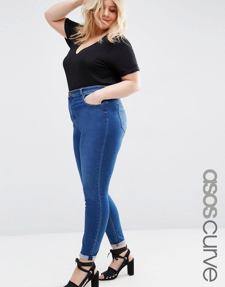 Asos Curve High Waist Ridley Skinny Jeans In Bailie Dark Wash - Blue