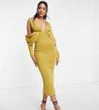 Asos Design Tall Drape Sleeve Plunge Neck Pencil Dress In Olive-green