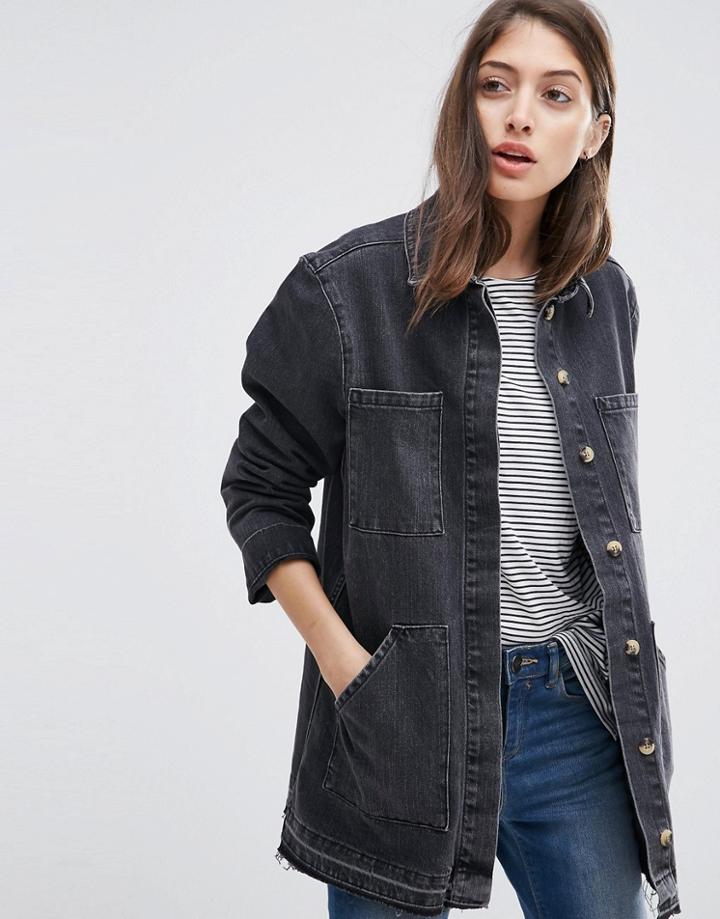 Asos Denim Drop Hem Workwear Jacket In Washed Black - Washed Black