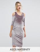 Asos Maternity Velvet Cold Shoulder Dress With Double Layer - Beige