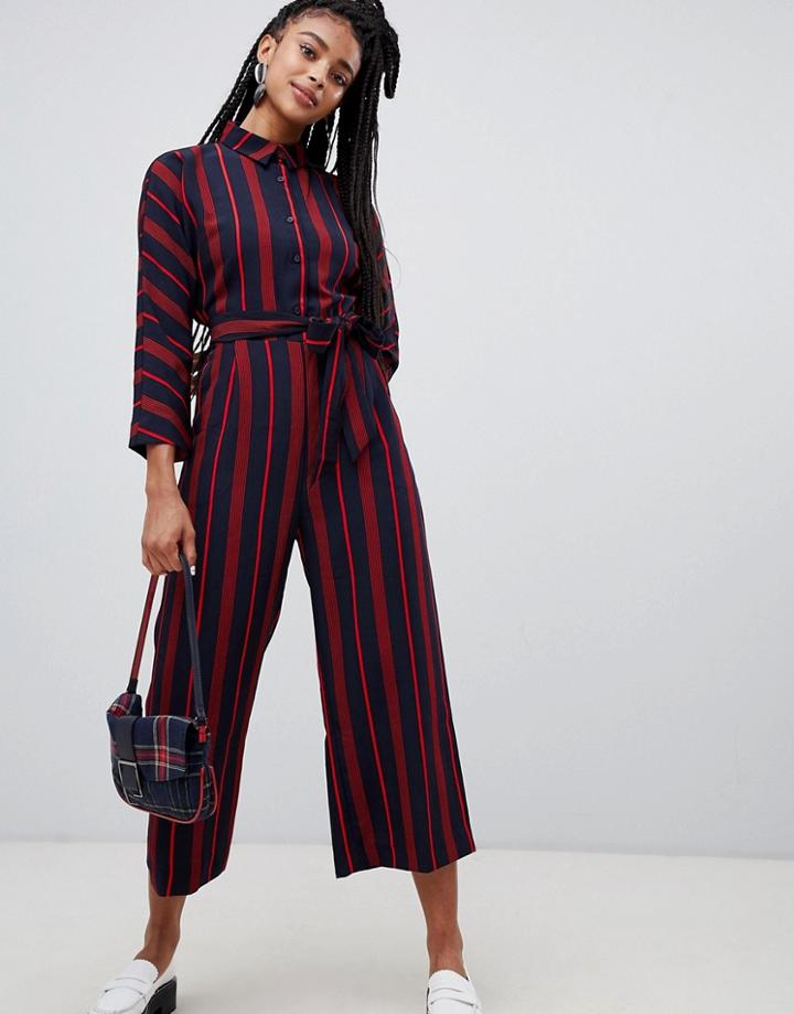 Monki Stripe Belted Wide Leg Jumpsuit In Red In Navy - Navy