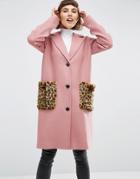Asos Coat In Wool Blend With Faux Fur Leopard Pockets - Pink