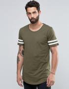 Only And Sons Longline T-shirt With Arm Stripes And Curved Hem - Green