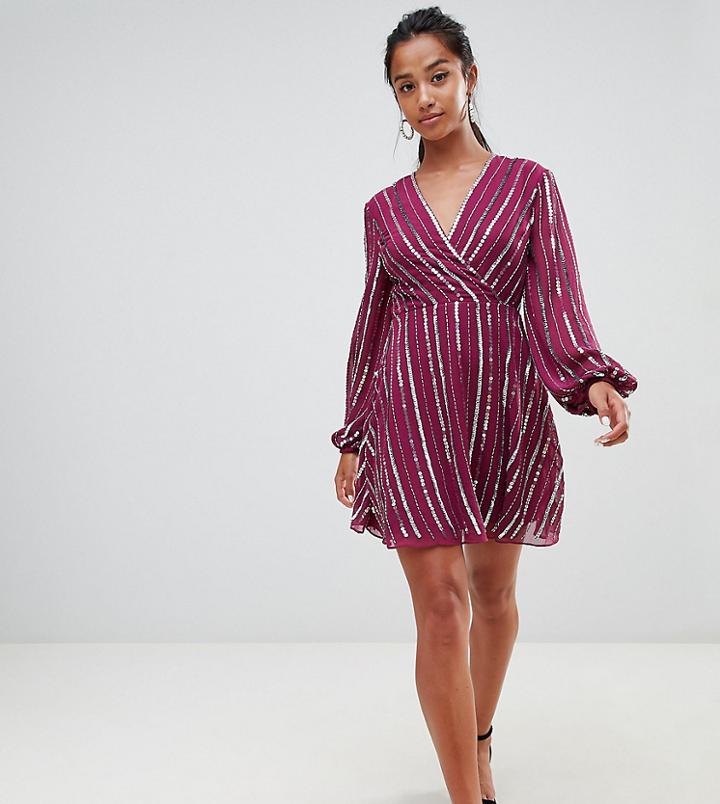 Asos Design Petite Sequin Wrap Dress With 70's Sleeve-multi