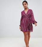 Asos Design Petite Sequin Wrap Dress With 70's Sleeve-multi