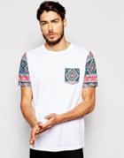 Asos T-shirt With Geo-tribal Pocket And Sleeves In Relaxed Skater Fit - White