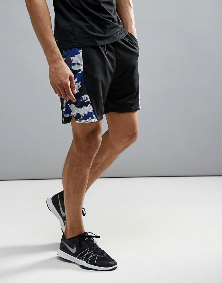 Bershka Sport Shorts In Black With Blue Camo Panels - Black