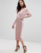 Club L Plisse Wrap Over Long Sleeve Midi Dress - Pink