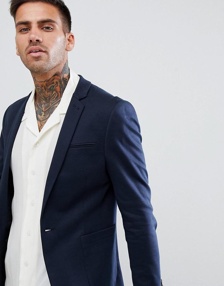 Asos Design Super Skinny Blazer In Navy Jersey