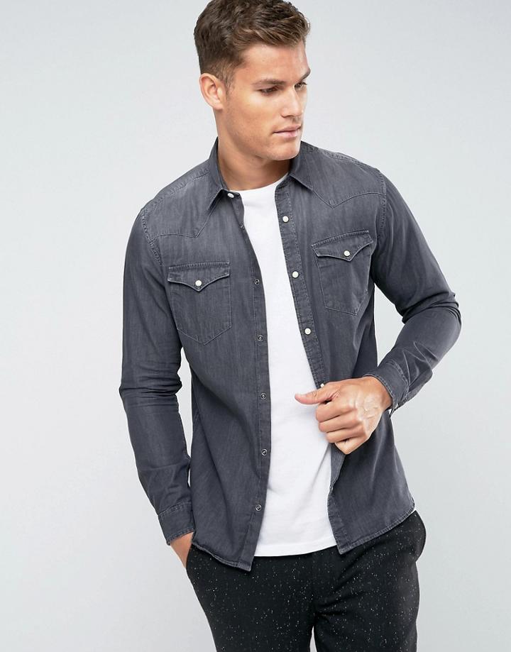 Selected Homme Slim Western Denim Shirt - Gray