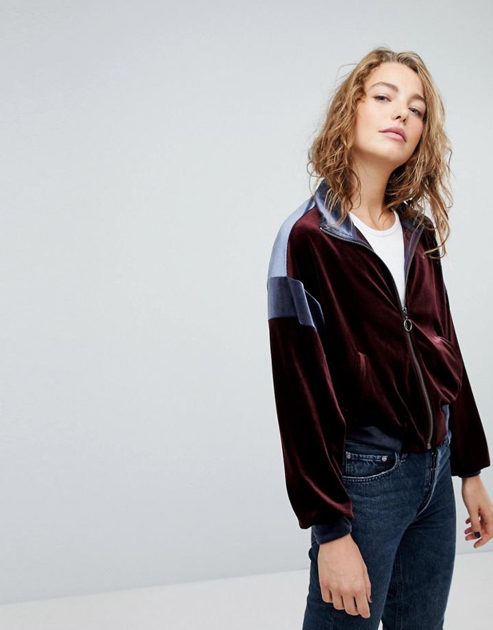 Weekday Velour Retro Zip Through Jacket - Navy