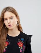 Influence Embroidered Tops With Frill Detail - Black