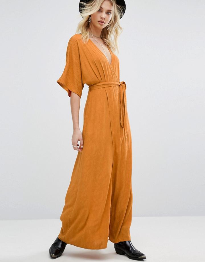 Honey Punch Wrap Front Maxi Dress With Floral Burnout - Orange