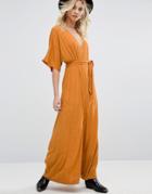 Honey Punch Wrap Front Maxi Dress With Floral Burnout - Orange