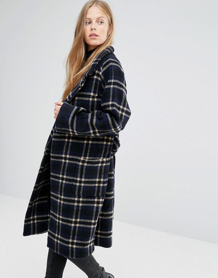 Ganni Tie Waist Long Coat In Blue Check - Multi