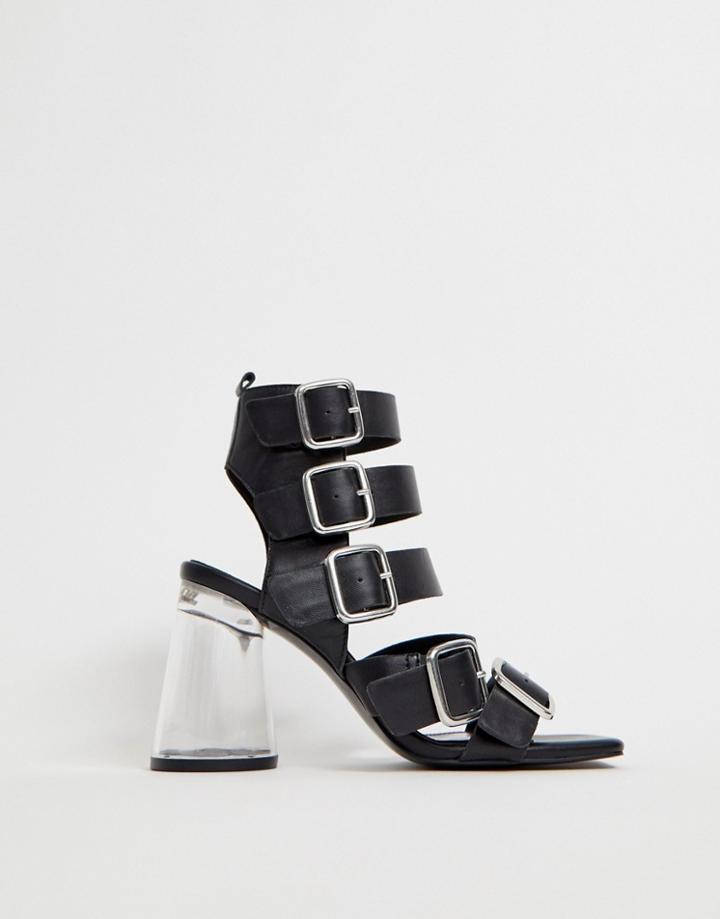 Asos Design Hunted Leather Strappy Clear Block Heeled Sandals-black