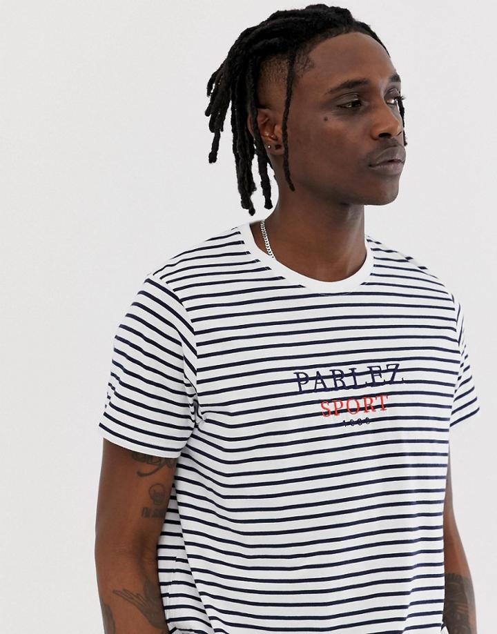 Parlez Colburn T-shirt With Embroidered Chest Logo In Navy Stripe
