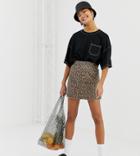 Monki Denim Mini Skirt With Organic Cotton In Leopard Print - Brown