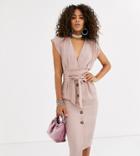 Asos Design Tall Obi Belt Button Through Sleeveless Midi Dress-pink