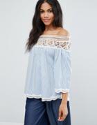 Liquorish Long Sleeve Off Shoulder Smock Top With White Lace Trim - Bl