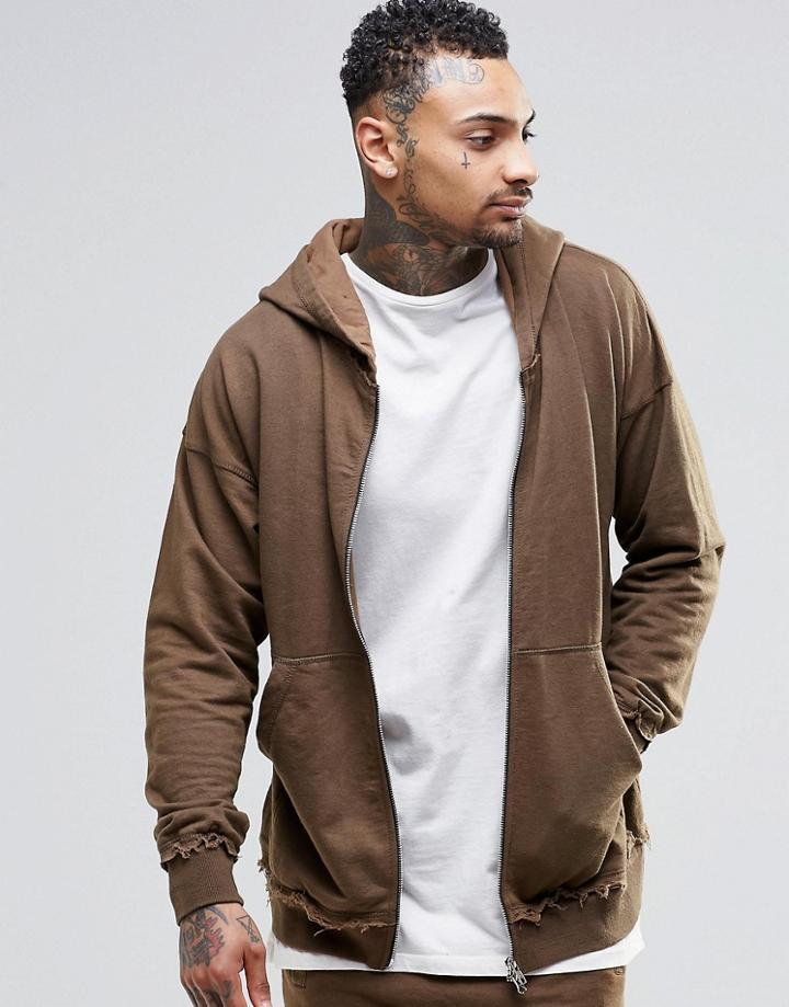 Other Uk Oversized Zip Up Hoodie With Raw Edges - Khaki