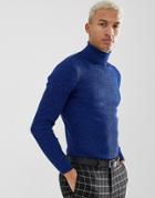 Asos Design Muscle Fit Ribbed Roll Neck Sweater In Colbalt Twist - Blue