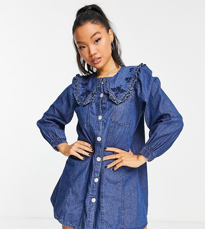 River Island Petite Frill Collar Puff Sleeved Denim Mini Shirt Dress In Black