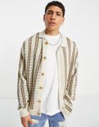 Bershka Knitted Broderie Striped Cardigan In Ecru-neutral