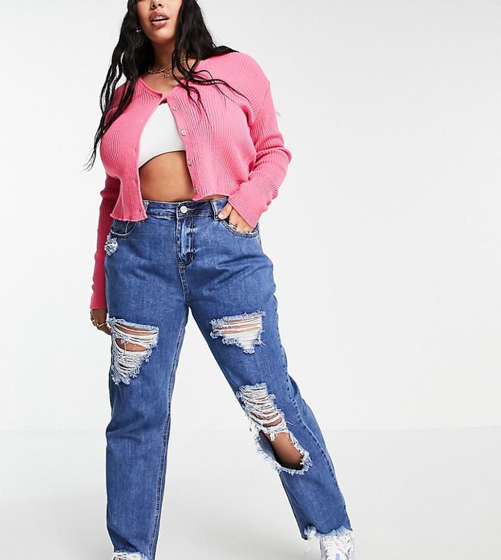 Simply Be Ripped Boyfriend Jeans In Light Blue Wash-blues