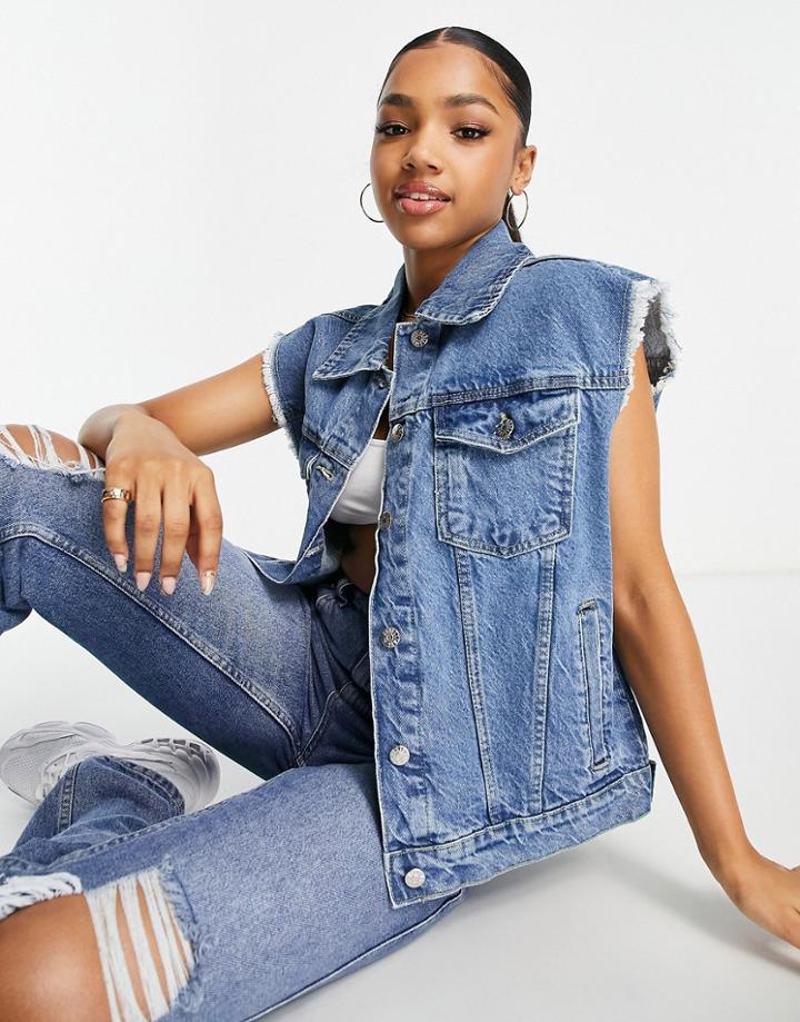 Rebellious Fashion Frayed Hem Longline Denim Vest In Mid Blue
